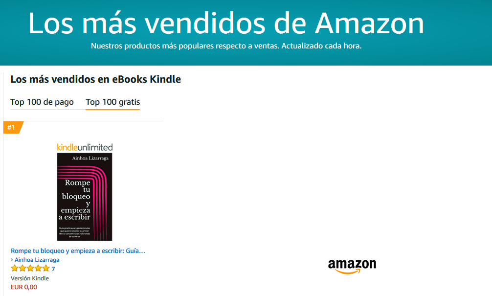 "Rompe tu bloqueo y empieza a escribir" NÚMERO 1 en el TOP 100 de descargas gratuitas de Amazon